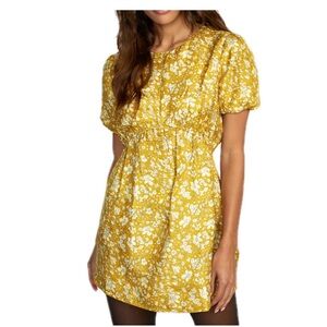 RVCA Yellow Floral Puff Sleeve Back Cutout Mini Dress Size L